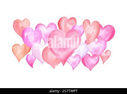 Denso gruppo di romanticismo rosa cuori rossi illustrazione sfondo isolato. San Valentino, composizione decorativa dei simboli d'amore per il compleanno Foto Stock