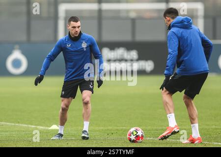 Brugge, Belgio. 20 gennaio 2025. Ferran Jutgla del Club nella foto durante una sessione di allenamento del Club belga Brugge KV, lunedì 20 gennaio 2025 a Brugge. Domani giocheranno contro il club italiano Juventus, nella settima giornata (su 8) della fase di UEFA Champions League. BELGA PHOTO BRUNO FAHY credito: Belga News Agency/Alamy Live News Foto Stock