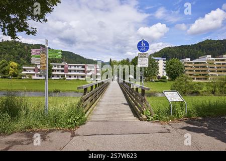 Fiume Kinzig, ponte pedonale, ponte in legno, edificio residenziale, cartello stradale, sentiero condiviso e pista ciclabile, segnaletica, Hegerfeldstrasse, Hausac Foto Stock