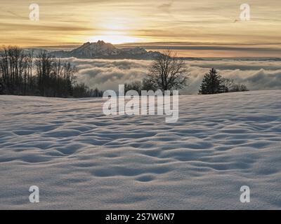 Vista da Zugerberg sul mare di nebbia alla luce del sole che tramonta, dietro il Pilatus innevato, Canton Zug, Svizzera, Europa Foto Stock