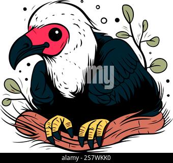 Un simpatico avvoltoio da cartone animato seduto sul ramo. Illustrazione vettoriale. Illustrazione Vettoriale