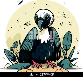 Illustrazione vettoriale di un avvoltoio seduto sulla roccia. Stile cartoni animati. Illustrazione Vettoriale