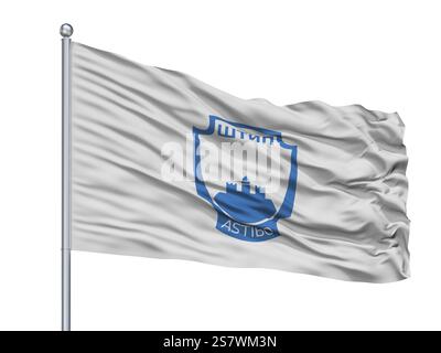 Kumanovo Comune città bandiera sul pennone, Paese Macedonia, isolati su sfondo bianco Foto Stock