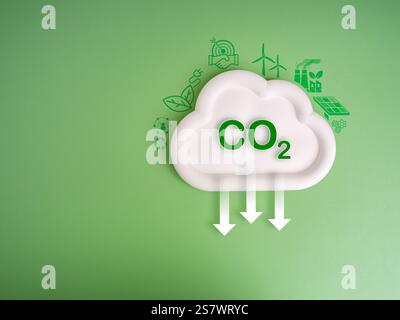 Ridurre le emissioni di CO2 per limitare i cambiamenti climatici e il riscaldamento globale, concetto di riduzione netta del biossido di carbonio pari a zero. Icona CO2 nel cloud bianco con renewabl Foto Stock