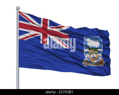 Bandiera delle Isole Falkland su Flagpole, isolata su sfondo bianco Foto Stock