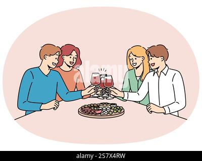 La gente beve vino con gli amici e mangia spuntini durante la festa del venerdì sera nel ristorante. Uomini e donne con i bicchieri riempiti di sauvignon o bordeaux che si divertono con i colleghi Illustrazione Vettoriale