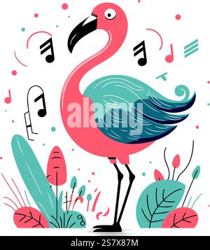 Fenicottero e note musicali. Illustrazione vettoriale in stile piatto. Illustrazione Vettoriale