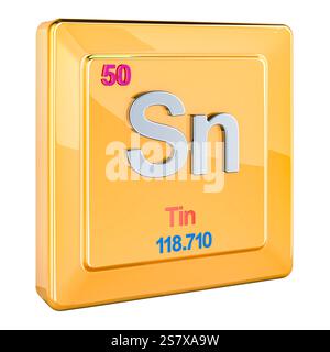 Stagno, stannum Sn, segno di elemento chimico con numero 50 in tavola periodica. Rendering 3D isolato su sfondo bianco Foto Stock