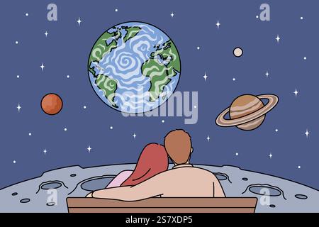 Una coppia innamorata ammira il paesaggio spaziale mentre visiti l'osservatorio per gli appassionati di astronomia. Uomo e ragazza seduti sulla panchina con le spalle alla telecamera tra galassia infinita o spazio stellato Illustrazione Vettoriale