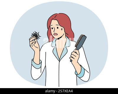 La donna che soffre di calvizie o problemi di perdita dei capelli tiene il pettine e si sente confusa e ha bisogno dell'aiuto di un medico. Una ragazza in pigiama ha visto i capelli cadere e ha pensato di comprare un nuovo shampoo. Illustrazione Vettoriale