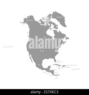 Mappa politica dettagliata che evidenzia i confini nazionali attraverso il Nord America, inclusi Stati Uniti, Canada e Messico, insieme alle nazioni caraibiche. Un riferimento utile per gli studi geografici. Illustrazione Vettoriale