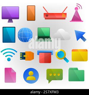 elegante set di icone multimediali a colori e icone piatte a tema internet Illustrazione Vettoriale