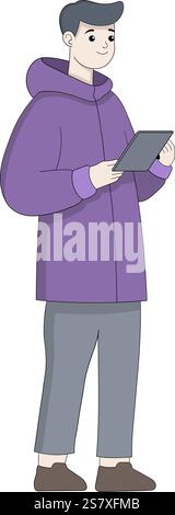 Questa illustrazione vettoriale mostra un giovane vestito con una calda giacca viola, che tiene in mano un tablet, forse impegnato in un lavoro o in una comunicazione digitale Illustrazione Vettoriale