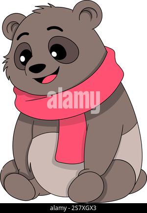 Un cartone animato che raffigura un orso marrone con un'espressione allegra, seduto mentre indossa una sciarpa rossa brillante. Illustrazione Vettoriale