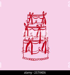Stravagante torta di ciliegie nuziali. Illustrazione vettoriale Doodle Illustrazione Vettoriale