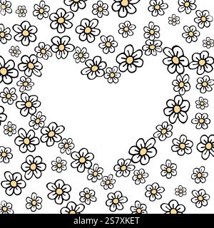 Cuori di fiori di doodle Una delicata margherite disegnate a mano che formano una cornice floreale. Ideale per creare un'estetica femminile e romantica per inviti e biglietti da visita Illustrazione Vettoriale