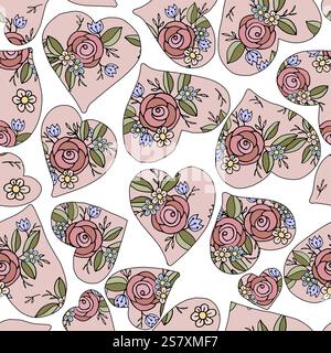 Motivo vettoriale senza cuciture con forme a cuore con rose rosa, fiori blu, margherite gialle e foglie verdi su sfondo beige chiaro. Perfetto Illustrazione Vettoriale