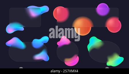 Cornici per Glassmorfismo. Pannelli in vetro semitrasparente con sfumatura fluida colorata e effetto sovrapposizione sfocato. Sfondi semitrasparenti con fluido d Illustrazione Vettoriale
