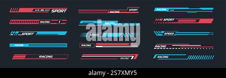 Decalcomania a strisce per auto da corsa. Etichette sportive dinamiche e adesivi Speed banner con linee veloci, bandiere a scacchi e grafica astratta. Templa vettoriale isolata Illustrazione Vettoriale