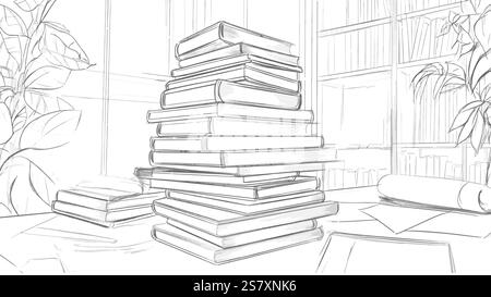 Libro didattico sull'arte su una linea continua. Learning Apps master laurea in accademia online. Progettare un vettore di disegno con un tratto di schizzo Illustrazione Vettoriale