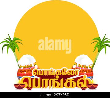 Design colorato e festoso per le celebrazioni di Pongal, caratterizzato da una tradizionale pentola di Pongal con riso bollente, alberi di canna da zucchero e decorazioni vivaci. IO Illustrazione Vettoriale