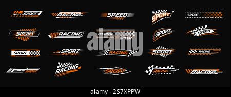 Decalcomania sportiva da corsa. Strisce adesive Speed, marchio di auto da corsa con bandiera a scacchi e linee veloci. Campionato di corse rally, torneo motoristico o. Illustrazione Vettoriale