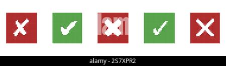 I segni di spunta verdi pixellati e le icone della X rossa sono raggruppati in quadrati. Raccolta dei segnali di approvazione e errore per il design retro dell'interfaccia utente. Segno di successo e fallimento. Isolato Illustrazione Vettoriale