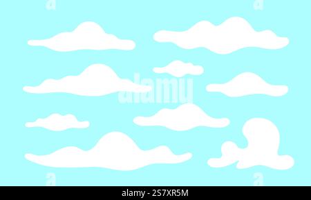 Nuvole bianche su sfondo blu. Set di nuvole. Nuvole su sfondo azzurro. Illustrazione Vettoriale