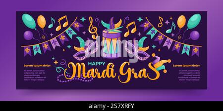 Buon carnevale. Illustrazione delle festività. Maschere di Carnevale. Ghirlande di bandiere. Strumenti musicali, palloncini. Illustrazione vettoriale per poster, opuscolo, orizzonte Illustrazione Vettoriale