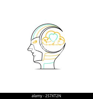 Line art con un profilo umano semplificato che enfatizza il cervello e il cuore con disegni astratti. Illustrazione Vettoriale