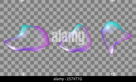 Il liquido trasparente forma il set isolato delle gocce d'acqua. Luce riflessa in varie tonalità. Cadute volumetriche realistiche. Design di banner e volantini. Illustrazione vettoriale. Illustrazione Vettoriale