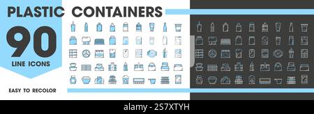 Contenitori per alimenti in plastica e icone della linea di confezionamento set di vettori. Segni lineari di tazza monouso, bottiglia, vassoio, scatola e involucro, tazze da caffè, sacchetti e piatti. J Illustrazione Vettoriale