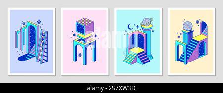I poster psichedelici surreali y2k con portale e scale catturano un'estetica retrò futuristica ed elementi trippy da sogno. Vector vintage Surreal unive Illustrazione Vettoriale