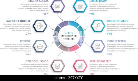 Modello infografico Circle con otto esagoni, può essere utilizzato come passaggi o opzioni, grafico di processo, infografiche aziendali creative, eps10 vettoriale illustra Illustrazione Vettoriale