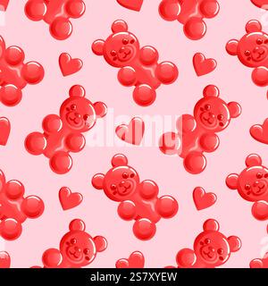Il motivo senza cuciture presenta affascinanti orsi gommosi rossi a forma di cuore, perfetti per San Valentino. Ideale per le feste, il packaging o la ba digitale Illustrazione Vettoriale