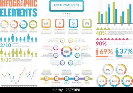 Elementi infografici - grafici a barre e linee, infografiche persone, diagramma circolare, diagramma di processo, passaggi/opzioni, indicatori di avanzamento rotondi, tempistica, Illustrazione Vettoriale