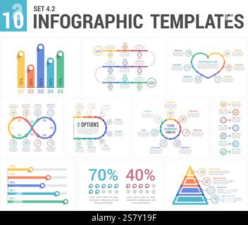 9 modelli infografici, set 4, colori 2 - tempistiche, istogrammi, piramide, percentuali, passi/opzioni, diagramma circolare, illustrazione vettoriale eps10 Illustrazione Vettoriale