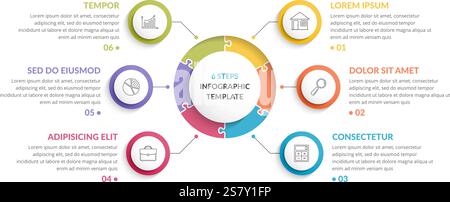 Modello infografico Circle con puzzle rotondo con sei passaggi o opzioni, grafico dei processi, infografiche aziendali creative, illustrazione vettoriale eps10 Illustrazione Vettoriale