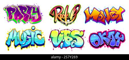 Parole d'arte per graffiti isolate su bianco. Illustrazione di cartoni animati vettoriali di feste, rock, soldi, musica, atmosfera, testo chiaro a colori neon scritto sulla superficie con macchie e blot di vernice, carattere a forma di scarabocchio Illustrazione Vettoriale