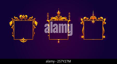 Cornici dorate reali impostate per l'interfaccia utente di gioco isolata sullo sfondo. Illustrazione vettoriale di eleganti bordi in metallo giallo medievale con decorazione in pietre preziose, decorazione di livello per avatar Illustrazione Vettoriale