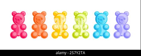 Orsi gommosi in stili divertenti, a forma di adorabili animali. Queste vivaci caramelle gelatine sfoggiano sapori fruttati e frutti di bosco, offrendo un delizioso sele Illustrazione Vettoriale