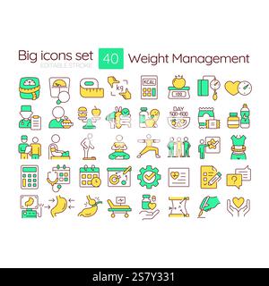 Set di icone a colori RGB per la gestione del peso Illustrazione Vettoriale