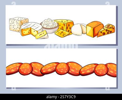 Raccolta di formaggi assortiti con vari tipi e fette in layout orizzontali. Ideale per il confezionamento di prodotti caseari o per la progettazione di menu. Illustrazione vettoriale Illustrazione Vettoriale