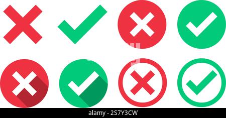 Set di segni di spunta verdi, segni a croce rossi con ombra lunga, casella di controllo elenco icona vettoriale. Segni della lista di controllo in forme rotonde. Segno di spunta verde e segno di spunta rosso Illustrazione Vettoriale