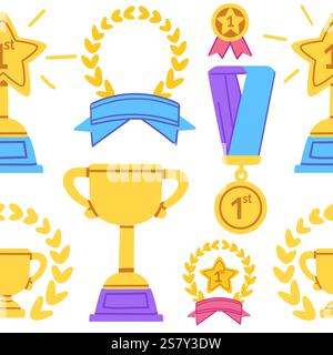 Trofei d'oro, medaglie e allori in un layout decorativo luminoso. Ideale per premi, concorsi o grafica celebrativa. Illustrazione vettoriale. Illustrazione Vettoriale