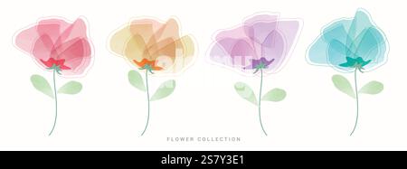 Set clipart fiori acquerello. Fiori di primavera e foglie in una collezione di clip art colorata e multicolore per elementi decorativi di biglietti di auguri Illustrazione Vettoriale