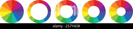 Set di vettori della ruota dei colori. Tabella delle guide delle ruote a colori. Grafico infografico colori RGB e CMYK. set di diagrammi a torta con diagramma a ciclo a 12 colori. Infografica arcobaleno Illustrazione Vettoriale