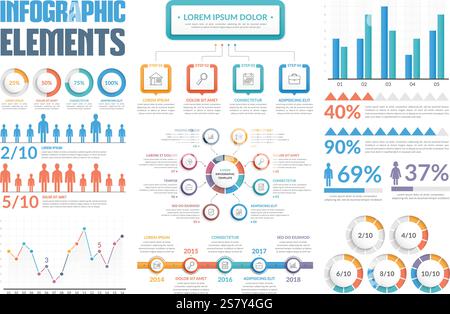 Elementi infografici - grafici a barre e linee, infografiche persone, diagramma circolare, diagramma di processo, passaggi/opzioni, indicatori di avanzamento rotondi, tempistica, Illustrazione Vettoriale