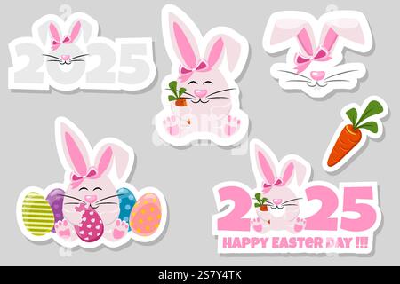 Set di adesivi di Pasqua primaverile con conigli, carote e 2025. Coniglietto con vettore clipart dell'uovo di Pasqua. Set di adesivi coniglietto pasquale per bambini e fogli di lavoro pasquali Illustrazione Vettoriale