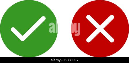 Segno di spunta verde, croce rossa, set di icone del segno x, forma arrotondata a destra e simbolo vettoriale piatto errato. La scelta corretta del voto e la reiezione del segno isolato. Illustrazione Vettoriale